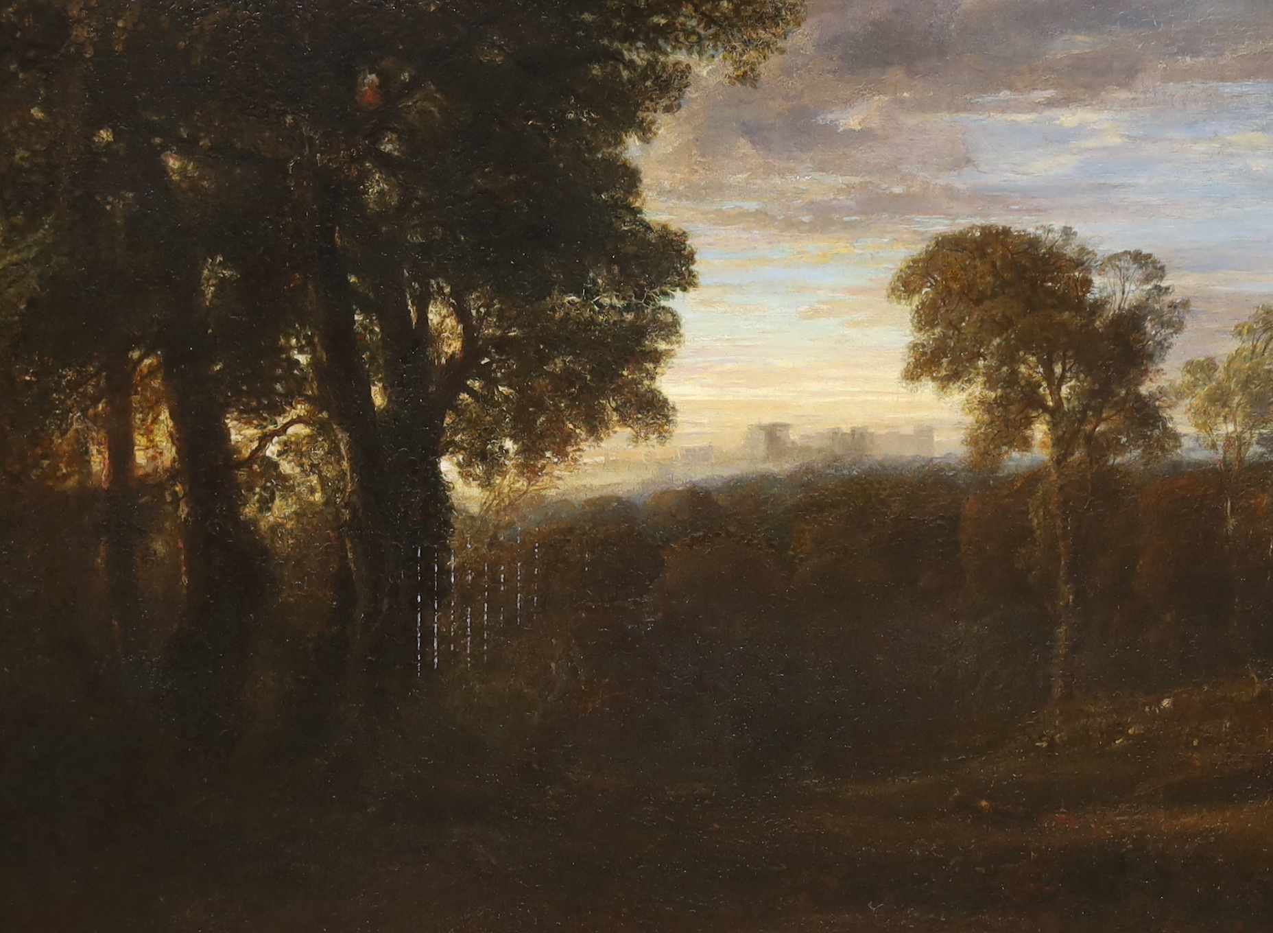 After Copley Fielding (1787-1855), oil on canvas, Woodland clearing before castle ruins, unsigned, 45 x 60cm